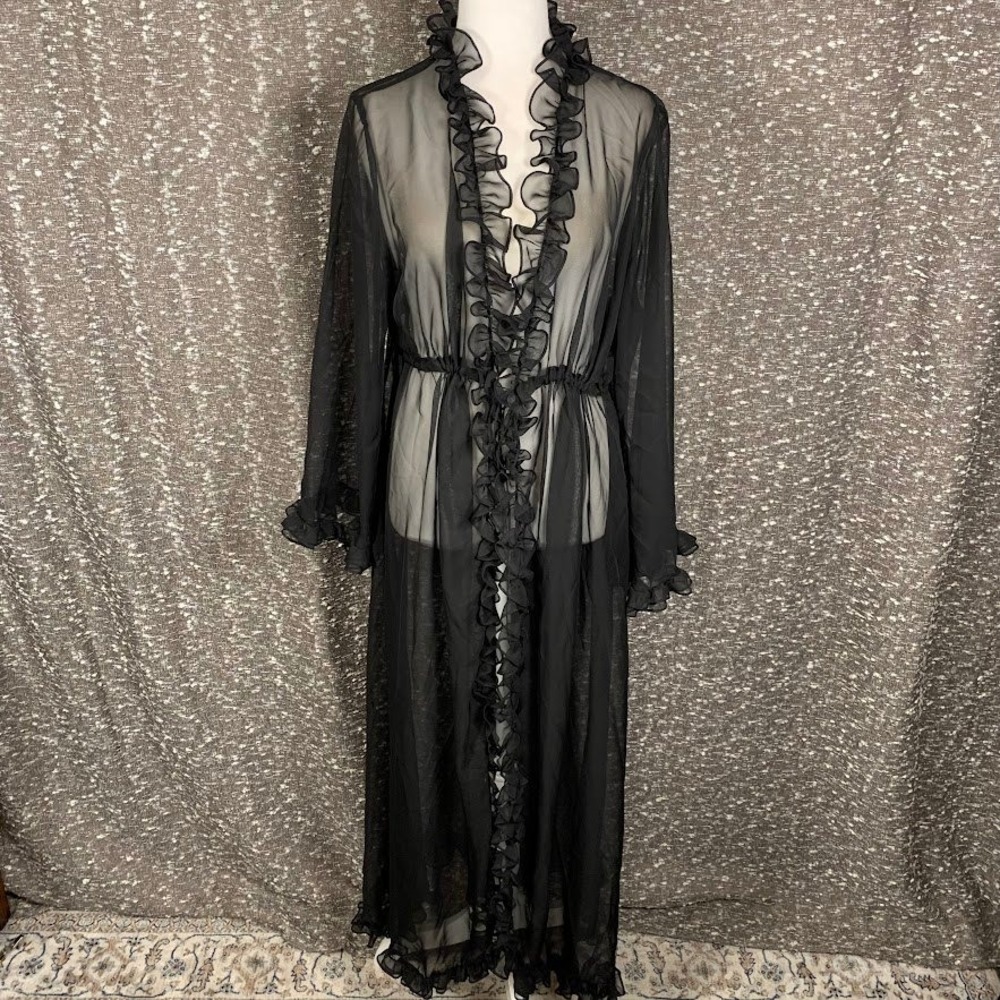 Parisian Black Sheer Ruffle Trim Long Duster Robe Whimsigoth Women's Large